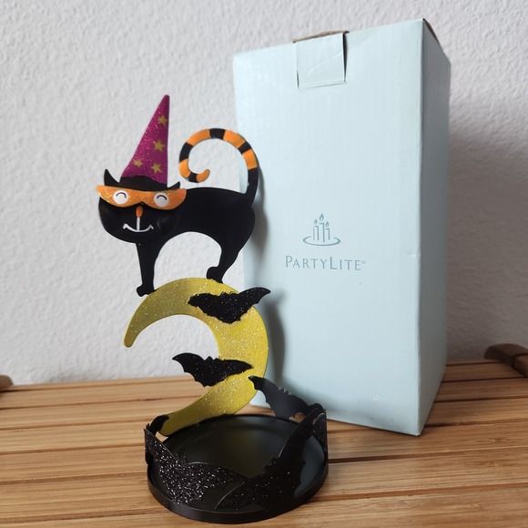 Halloween PartyLite Charmed Cat Tealight Votive Candle Holder Sparkly Witch Moon - Picture 2 of 10